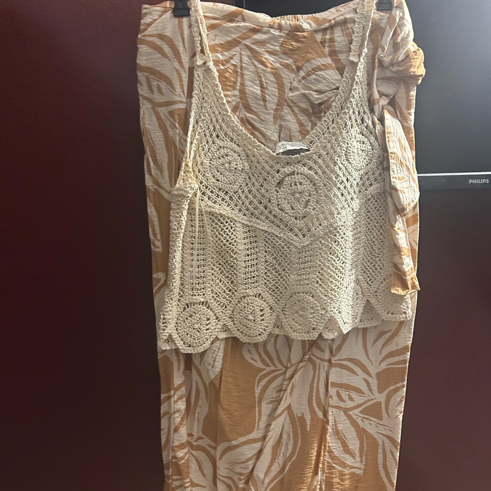 Crochet Top and Leaf Print Skirt Set